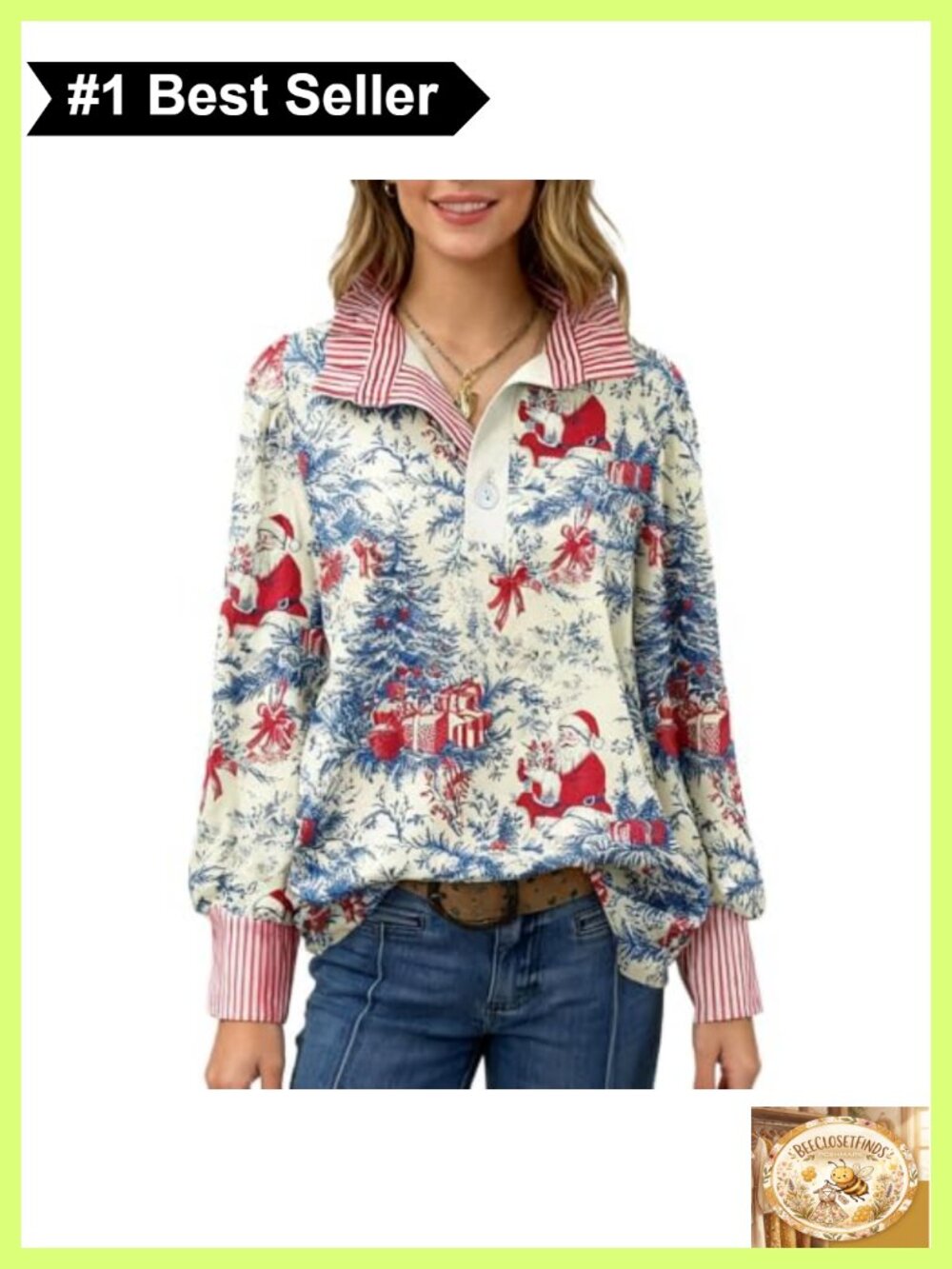 Women Christmas Print Blouse Striped Collar Half Button Long Sleeve
